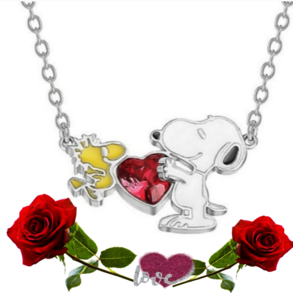 Peanuts Snoopy & Woodstock Sterling Silver Plated Heart Necklace